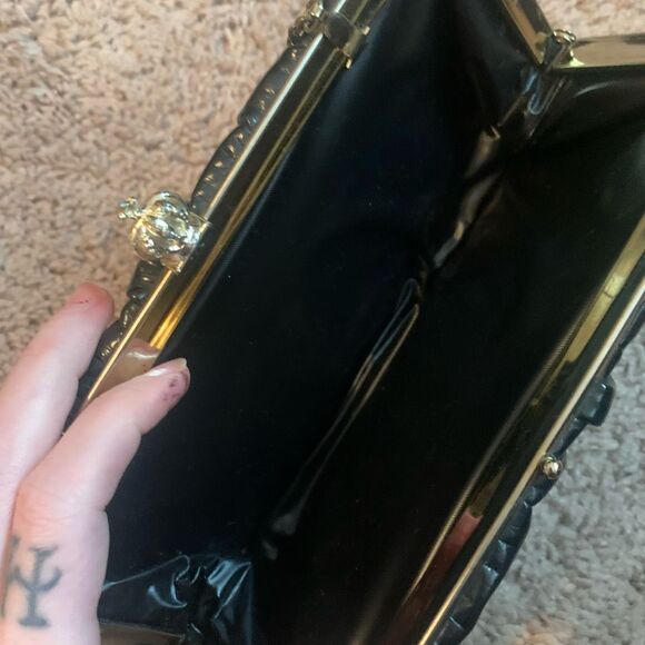 Vintage Black Clutch Snap Leather Bag Shoulder Purse Small Gold Chain - Picture 5 of 7